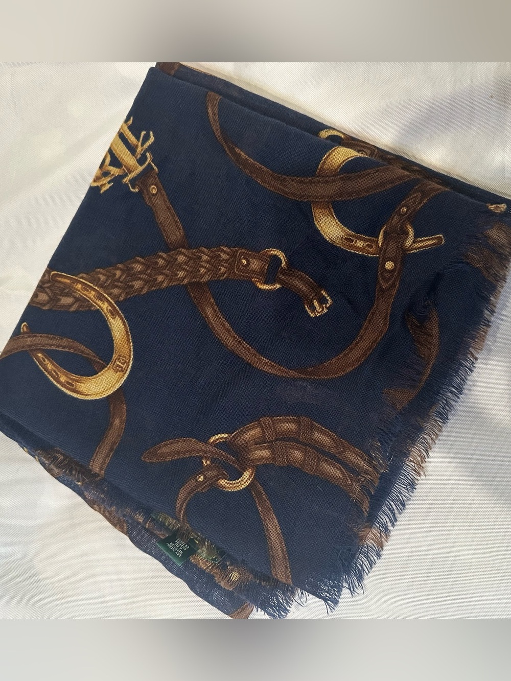 Ralph Lauren Navy Scarf with Brown Equestrian Motif 40”x40” Square